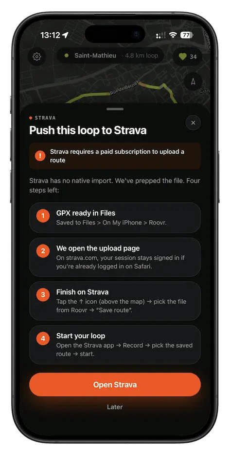 Roovr mobile app showing the export sheet with the Strava tile selected
