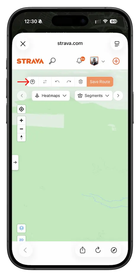 The Strava route builder page on strava.com/routes/new with the upload icon visible