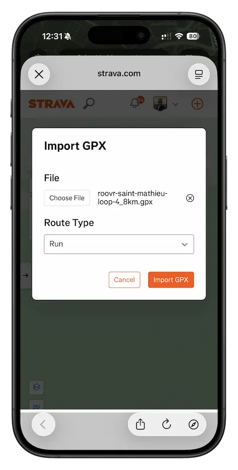 Strava showing the imported GPX route on the map for confirmation