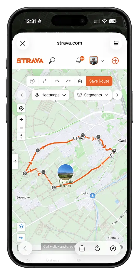 Strava route builder showing the name and sport fields filled in