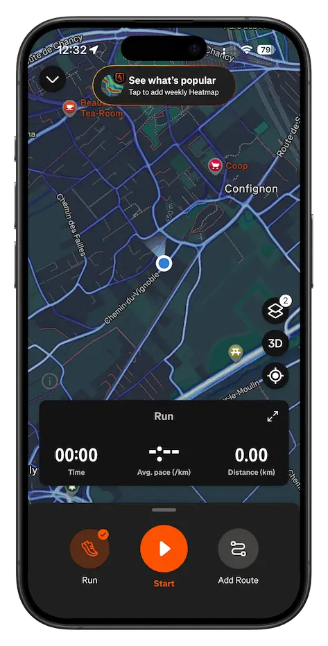 Strava app showing the Add Route option on the record screen