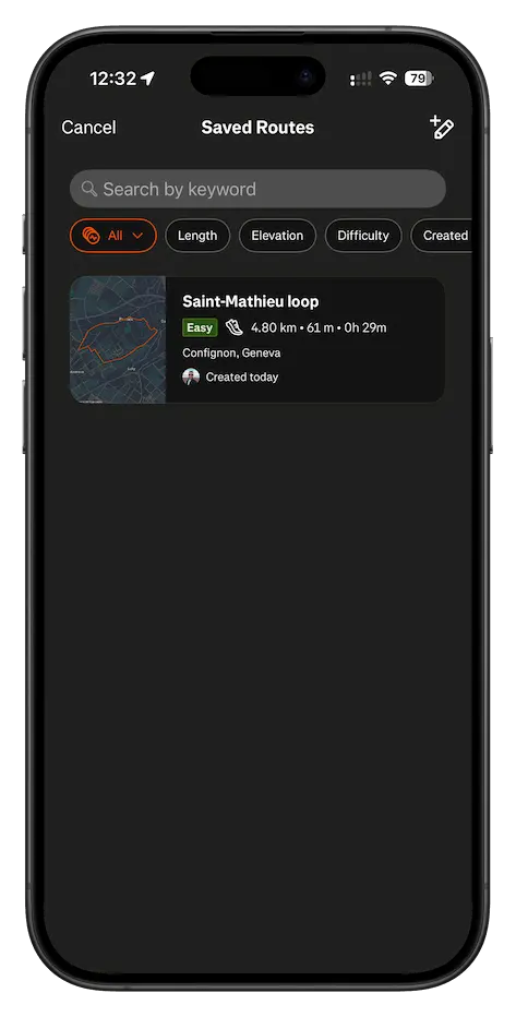 Strava app showing the list of saved routes with the imported route highlighted