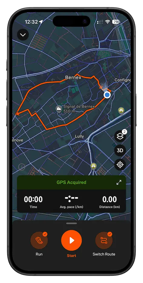 Strava app record screen with the route loaded, ready to start